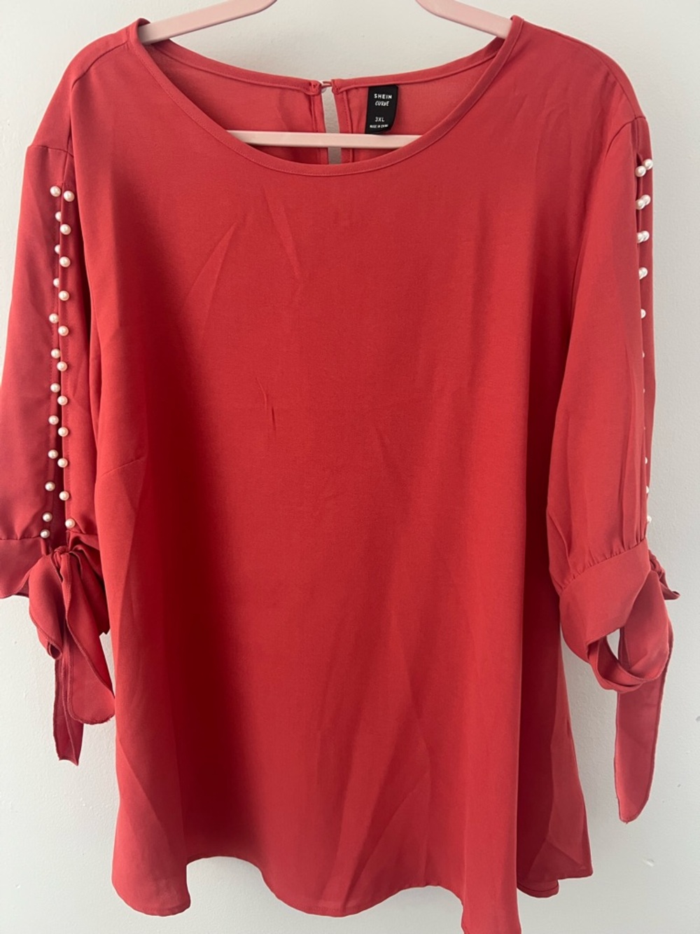 Shein coral Pearl-Trim Tie-Sleeve Women’s Blouse